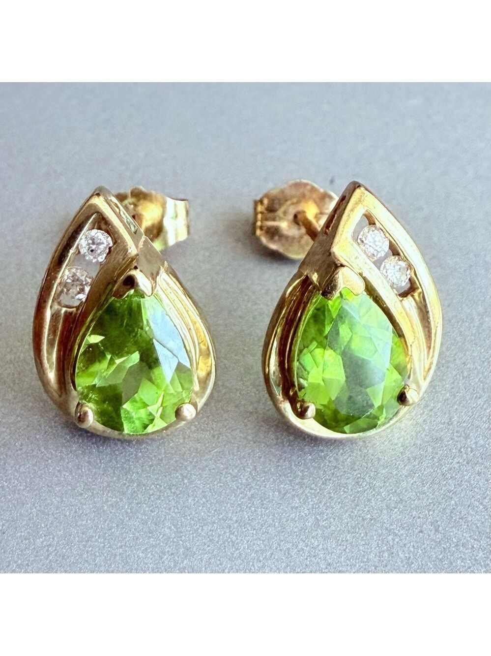 10k Yellow Gold Natural Period & Diamond Pear Tear Drop Stud Earrings Vi…